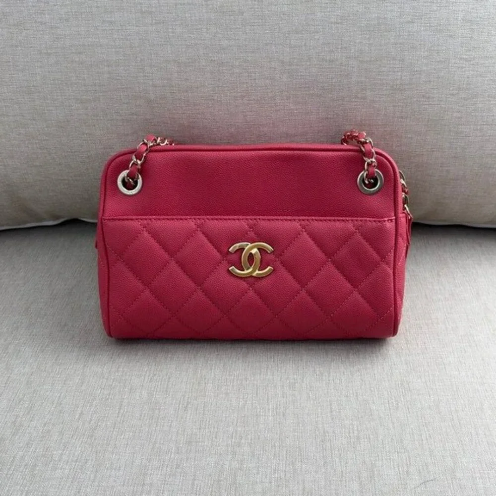 CHANEL Pink Red Caviar Camera Case Bag GHW